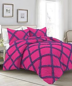 1 Piece Luxurious Two Tone Diamond Ruffle Pattern Comforter All Seasons 1000 Thread Count 100% Egyptian Cotton Size (68 x 90) Twin/Twin XL-(Hot Pink/Purple)