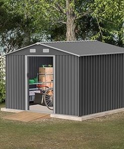 10x8 FT Upgraded Outdoor Storage Shed with Floor Base, Front Windows, 4 Air Vents and Sliding Door, Reinforced Outdoor Garden Sheds for Backyard Patio Lawn to Store Bikes Tools Lawnmowers
