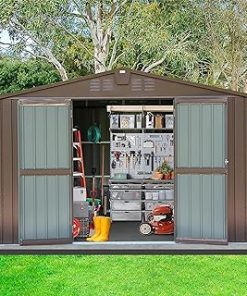 10x8 Ft Metal Outdoor Tool House, Large Steel Utility Backyard Storage Sheds with Double Lockable Doors & Air Vents, Waterproof for Garden, Patio Lawn, Brown
