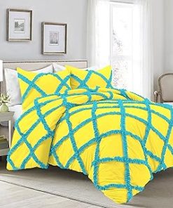 1 Piece Luxurious Two Tone Diamond Ruffle Pattern Comforter All Seasons 1000 Thread Count 100% Egyptian Cotton Size (68 x 90) Twin/Twin XL-(Yellow/Turquoise)