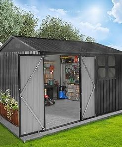 10X8 FT Outdoor Storage Shed with Window, Large Garden Shed for Lawn Mower, Garbage Can, Bike, Metal Tool Sheds for Patio, Lawn, Waterproof Storage House, Black