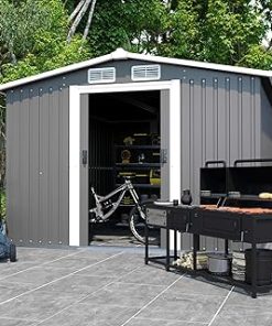 10X8 FT Outdoor Storage Shed Clearance, Metal Foundation Anti-Corrosion Utility Tool House with Lockable Door & Shutter Vents, Waterproof Storage Garden Shed for Backyard Lawn Patio