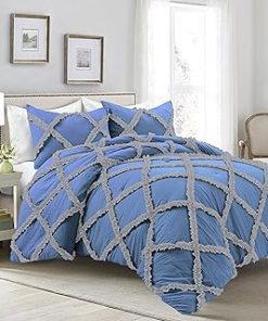 1 Piece Luxurious Two Tone Diamond Ruffle Pattern Comforter All Seasons 1000 Thread Count 100% Egyptian Cotton Size (90x90) Full/Queen-(Medium Blue/Silver)