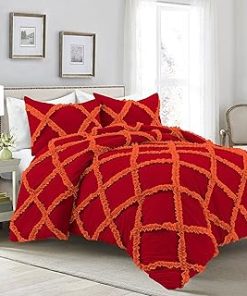 1 Piece Luxurious Two Tone Diamond Ruffle Pattern Comforter All Seasons 1000 Thread Count 100% Egyptian Cotton Size (68 x 90) Twin/Twin XL-(Red/Orange)