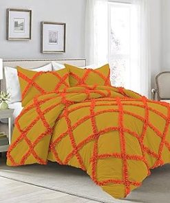 1 Piece Luxurious Two Tone Diamond Ruffle Pattern Comforter All Seasons 1000 Thread Count 100% Egyptian Cotton Size (90x90) Full/Queen-(Gold/Orange)