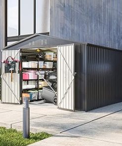 10x8 FT Outdoor Metal Storage Shed with Lockable Double Doors, All-Weather Garden Tool Shed for Backyard, Patio, Lawn - Durable Black Galvanized Steel