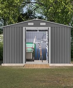 10X8 Metal FT Outdoor Storage Shed Metal Foundation, Lockable Sliding Doors All-Weather Sloping Roof Large Tool Shed for Garden, Patio,Garbage Room, Backyard, Lawn - Grey