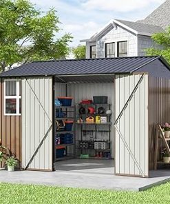 10x10 FT Outdoor Storage Shed, Large Metal Tool Sheds with Updated Frame Structure and Lockable Doors, Garden Shed for Backyard Garden Patio Lawn, Brown