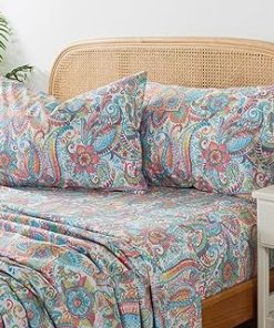 Zusbest Cotton Sheets Full 100% Cotton Pink Green Paisley Floral Bed Sheet Sets Watercolor Bedding Luxury Soft Breathable Crispy Cooling Percale Sheets 17.5'' Girls Deep Pocket Full Sheets, 4 Pcs
