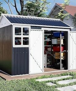 10 x 8 FT Storage Shed with Floor, Tool Shed Outdoor Storage with Window, Vents, and Stainless Steel Cores, for Lawnmowers/Bicycles/Pool Supplies, Grey (Metal)